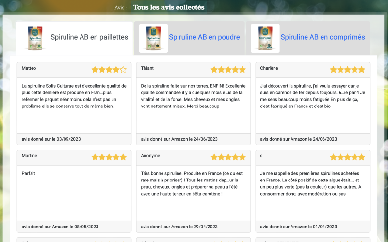 Mur d'avis sur notre spiruline AB bio française