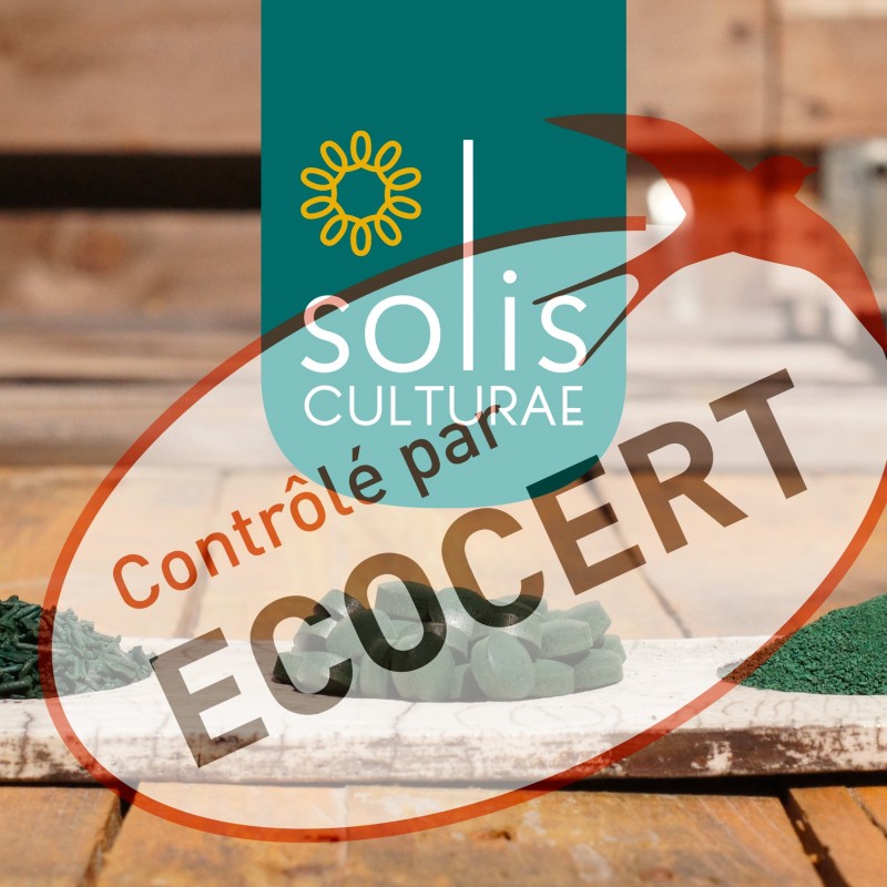 Solis Culturae a obtenu la certification Ecocert depuis 2020 pour sa spiruline très écologique, c'est le label privé le plus proche du Bio disponible pour les spiruliniers français.