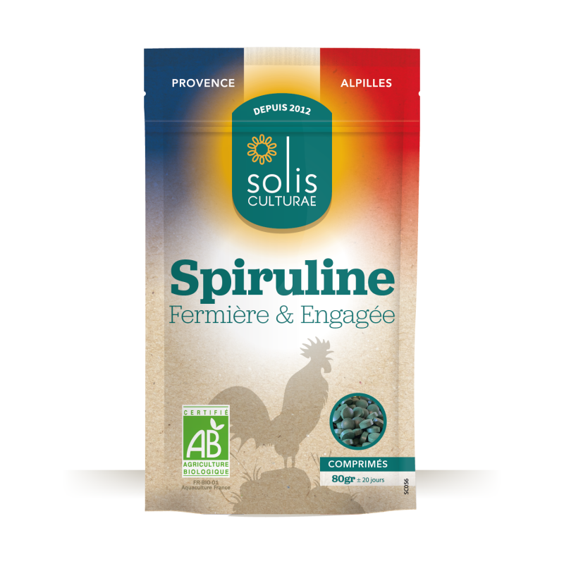 Sachet de spiruline française AB en comprimés 80gr, produite par Solis Culturae