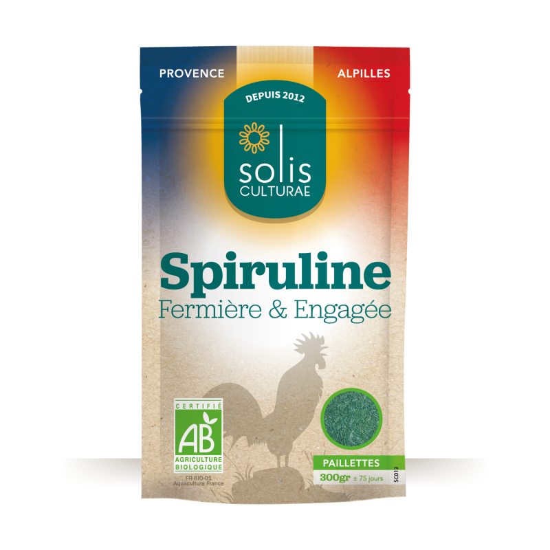 Spiruline française AB en paillette format 300g, sachet refermable — produite par Solis Culturae