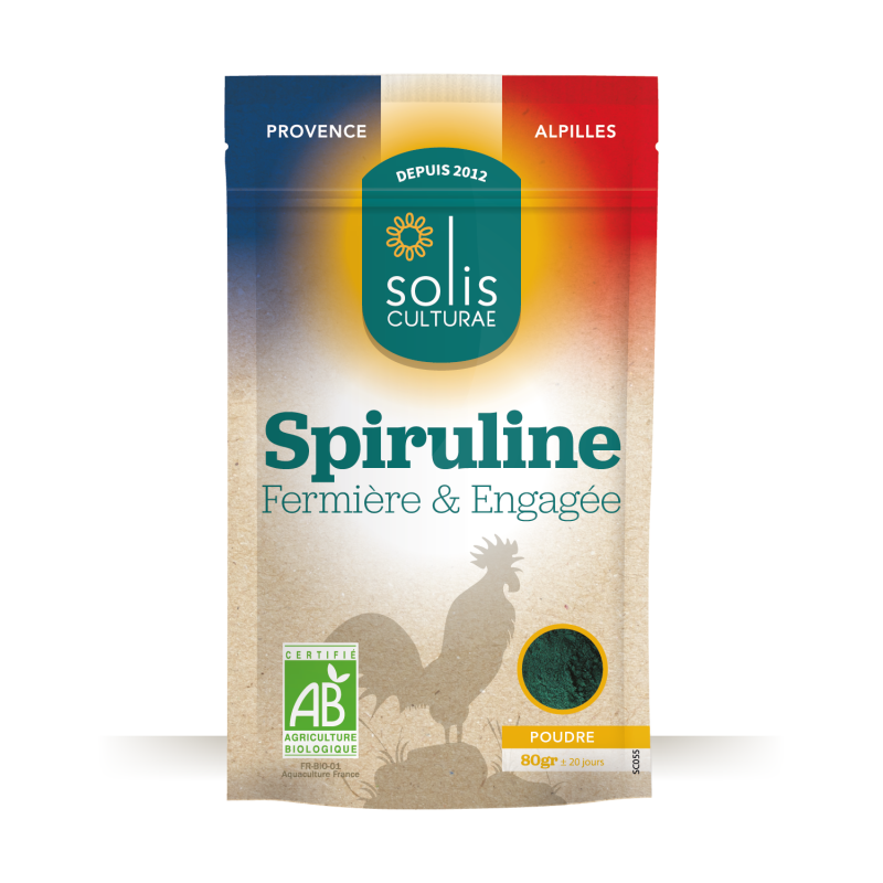 Spiruline française AB en poudre Sachet de 80g, produite par Solis Culturae
